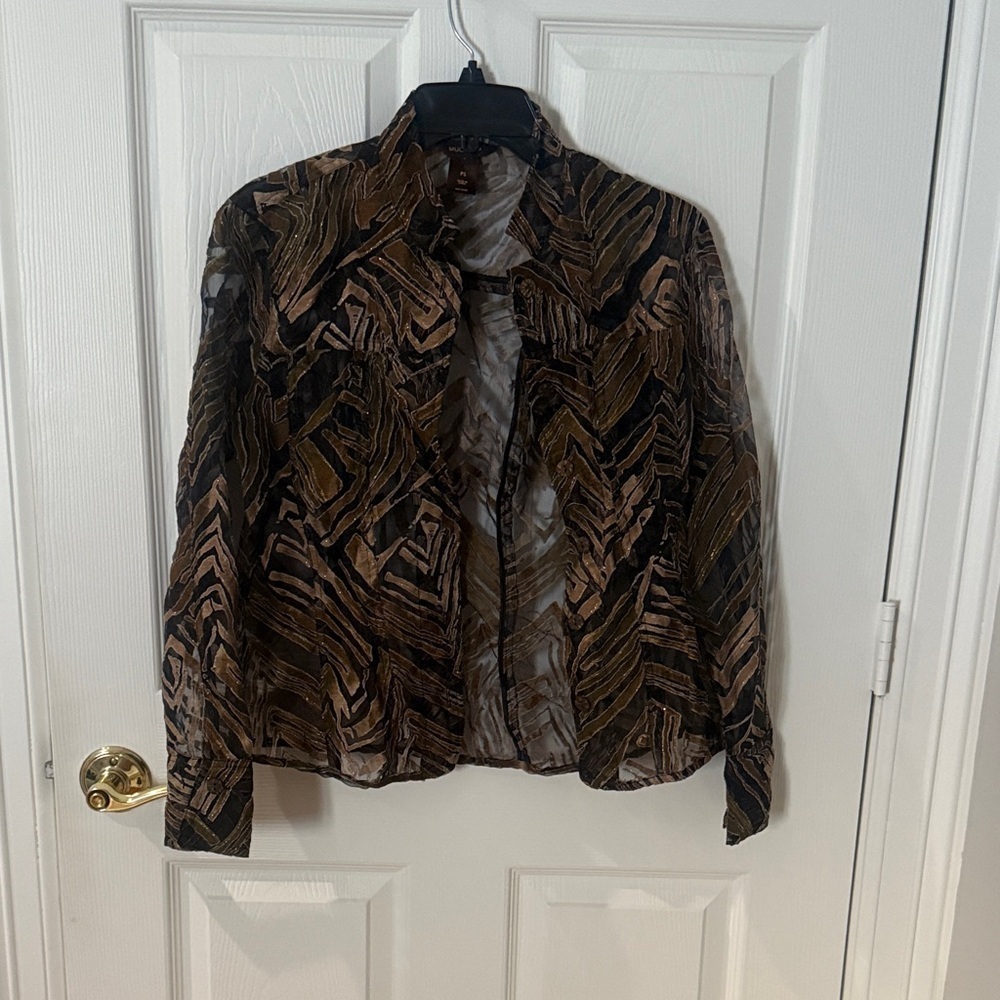 Multiples Sheer button down in Brown and Black small petite